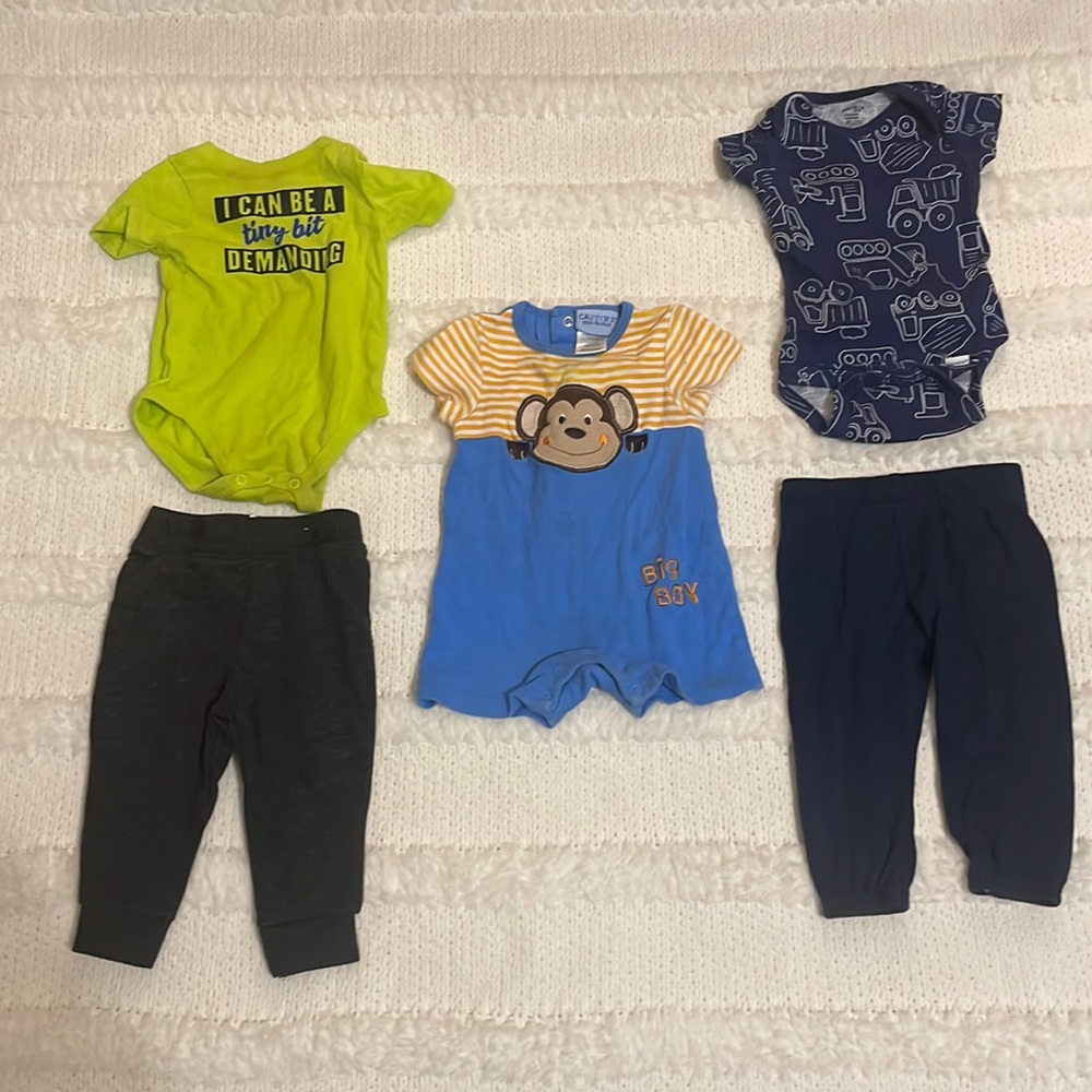 Bundle baby boy romper onsies pants monkey trucks I can be demanding size 6–9 M